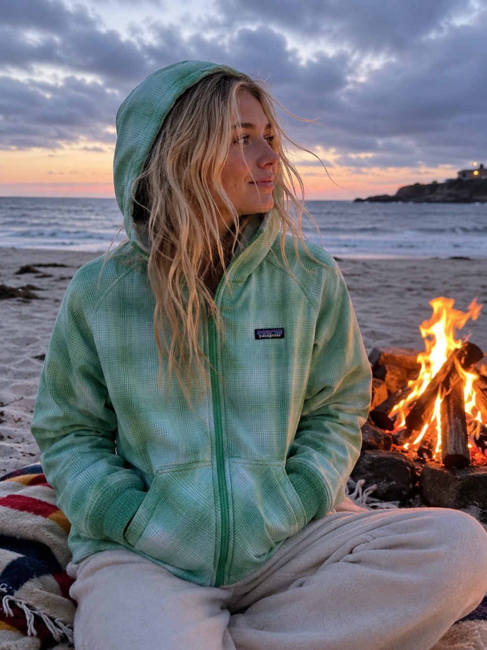 Patagonia Women's Slopestyle Hoody 2.0 in a green plaid pattern.